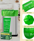 13 Gallon Compostable Trash Bags 50 Count Heavy Duty Tall Kitchen Bags For Food Scraps Certified BPI And ASTM D6400 Eco Friendly Waste Bags For Home, Office, And Garden Cleanup shown with packaging and features