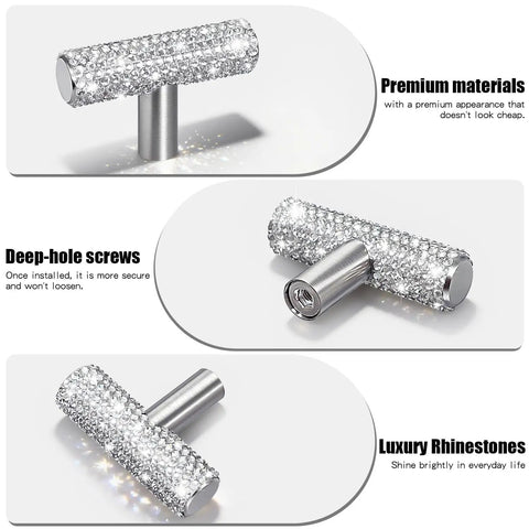 Total Flex Crystal Rhinestone Cabinet Knobs 6 Pack Silver Glass Drawer Pulls Kitchen Vanity Bathroom Furniture Handles Upgrade Your Home Decor Game Right Now close-up of cylindrical glass knob with rhinestones and metal base.
