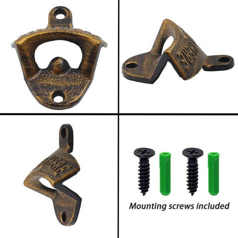 Badass Vintage Cast Iron Beer Bottle Openers Wall Mounted Set Of Twelve Post Style Bar Accessory For Man Cave Or Garage close-up with included screws