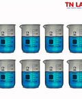 400ml Borosilicate Glass Beaker Set Low Form With Graduations And Pouring Spout 8 Pack Lab Grade Glass showing 8 beakers with blue liquid