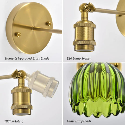 Vintage Wireless Rechargeable Led Wall Sconce Set Of Two Featuring Remote Dimmable Switch And Sleek Gold Finished Green Tulip Glass Shade For Bedroom Living Room Straight Up Gorgeous, showcasing brass socket and green glass shade.
