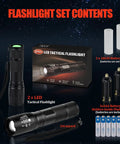 2-Pack Zoomable LED Flashlights With 5 Modes, includes batteries, tactical set contents with flashlights and accessories.
