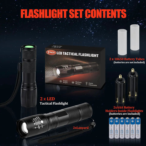 2-Pack Zoomable LED Flashlights With 5 Modes, includes batteries, tactical set contents with flashlights and accessories.