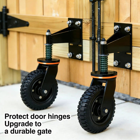 Eight Inch Heavy Duty Gate Rollers Two Pack, Tough As Nails Seven Five Zero Pound Swivel Casters For Wood Or Pipe Fences, showing installed black rollers on a wooden gate.