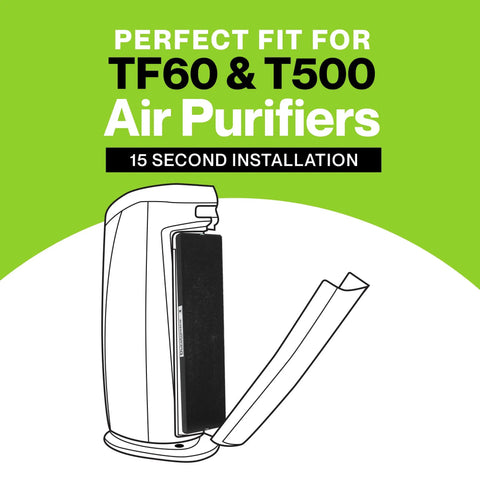 Diagram showing installation of 2 Pack HEPA Filter Replacement For Alen T500 Tower Air Purifier TF60 MP Compatible Premium HEPA 13 Filtration
