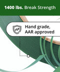 Heavy Duty Pet Strapping Kit With Dispensing Cart, 5/8 Inch By 2300 Feet showing green strap with 1400 lbs break strength.