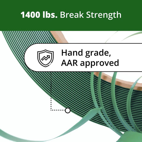 Heavy Duty Pet Strapping Kit With Dispensing Cart, 5/8 Inch By 2300 Feet showing green strap with 1400 lbs break strength.