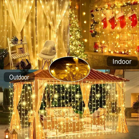 600 LED Solar Curtain Lights With Remote hanging on gazebo and patio, warm white glow, suitable for weddings, parties