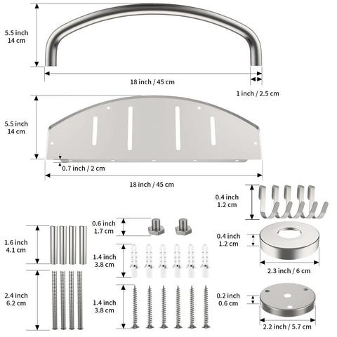 18 Inch Shower Grab Bar With Storage Shelf Brushed Nickel Stainless Steel Handicap Safety Rail parts diagram with measurements