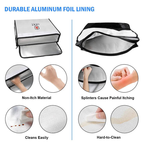 Heavy Duty Fireproof Document Bag For Home Use Insulated And Water Resistant Safe Box With Lockable Zipper Large Capacity Fireproof Safe Bag For Documents Cash And Valuables Heat Protected To 2000 Fahrenheit UL Rated, showing aluminum foil lining and features.