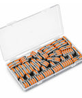 32 Piece Assorted Lever Wire Connectors Quick Push Connect Kit For Hella Easy Do It Yourself Electrical Wiring in a clear storage box.