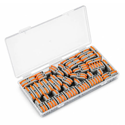 32 Piece Assorted Lever Wire Connectors Quick Push Connect Kit For Hella Easy Do It Yourself Electrical Wiring in a clear storage box.