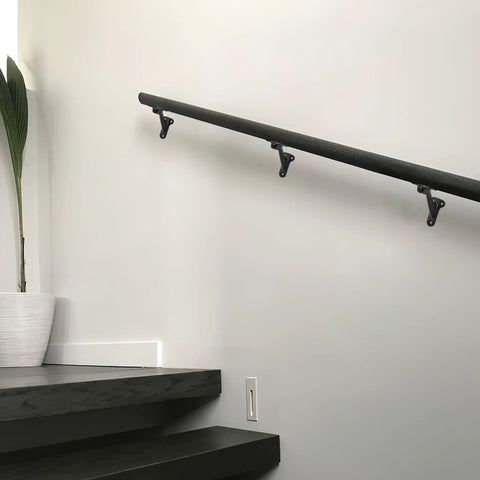 6 Pack 3 Inch Matte Black Hand Rail Brackets Rock Solid Heavy Duty Zinc Alloy Wall Mount Stair Support Hardware Effortless Home And Office Railing Installation System on a staircase.