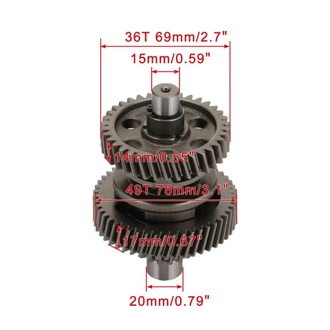 17T Gear Transmission Drive Shaft Replacement for GY6 200cc ATV Quad with labeled dimensions and dual start axes