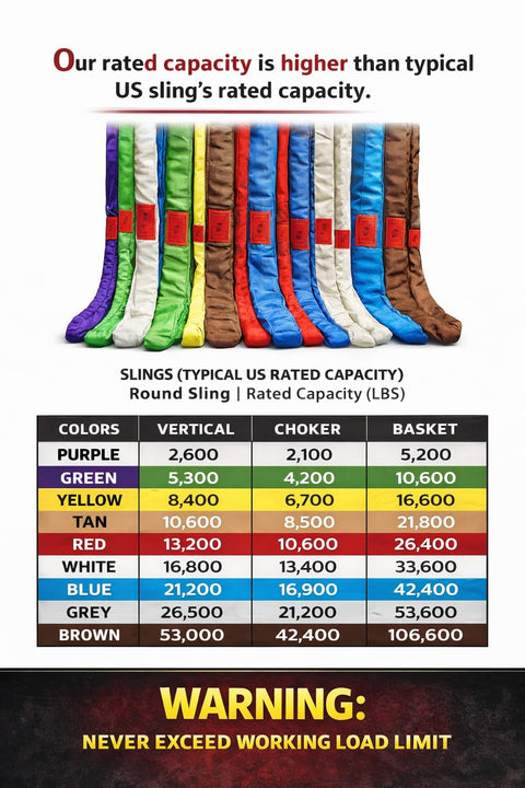 Color-coded round slings with capacities; Blue 20 Ft Polyester Round Sling Heavy Duty Liftin Gear included in chart.