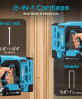Lightweight Cordless Brad Nailer And Staple Gun With Battery Included Smooth Operator showing brad nail and staple sizes on wood.
