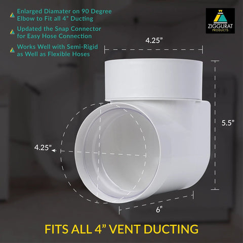 Dryer Vent Connector Kit 90 Degree Vent Hose Elbow for Tight Spaces Space Saving Dryer Vent Elbow DIY Toolless Install with Airtight Seal STV 90 Compatible displayed against a technical background with measurements visible in white color.