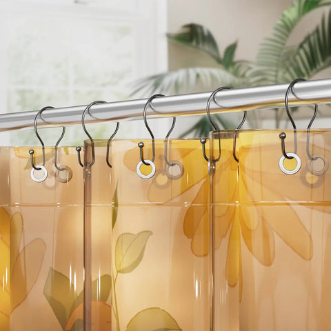 Shower rod with bronze double hook shower curtain hooks rust proof metal smooth glide for easy curtain movement and balanced hanging.