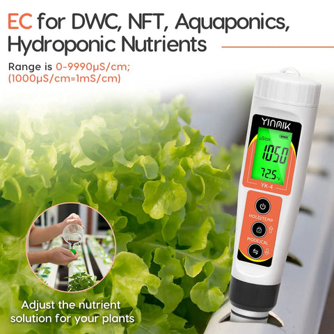 4 In 1 Digital pH EC TDS Temp Meter For Water Hydroponics And Indoor Gardens with backlit screen next to green plants