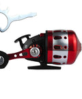 Bowfishing Spincast Reel For Slingshot Bow Left Or Right Handed 3.6 To 1 Gear, all-metal, red and black finish, side view