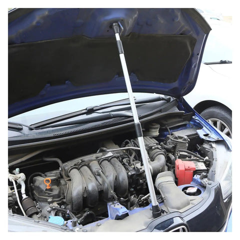 Universal Hood Prop Rod extends from 21 inches to nearly 48 inches, supporting car hood during engine and body work, visible on vehicle.