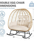 Double Wicker Egg Chair Rocker For Indoor Or Outdoor Patio Cozy Two Person Lounge Chair With Thick Cushions 680 Lbs Capacity, dimensions view.