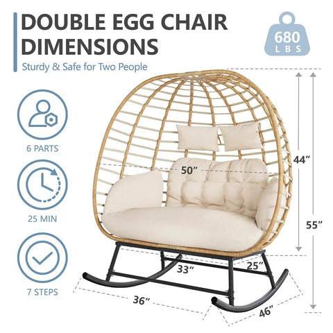 Double Wicker Egg Chair Rocker For Indoor Or Outdoor Patio Cozy Two Person Lounge Chair With Thick Cushions 680 Lbs Capacity, dimensions view.