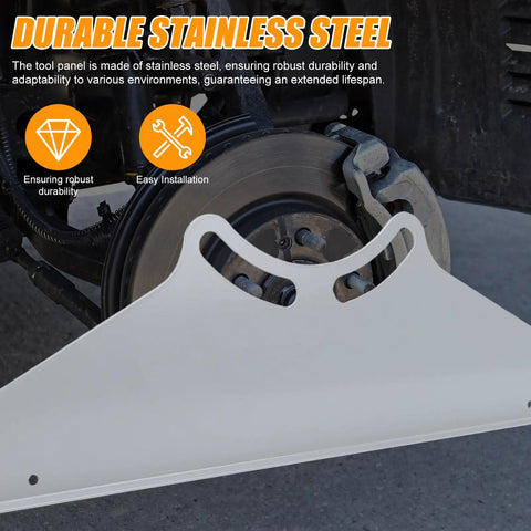 Heavy Duty Toe Alignment Plates Built Tough As Nails For Precise Car Truck And Suv Setup With Two Durable Measuring Tapes, stainless steel panel near brake.