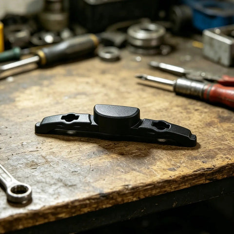 Luggage Repair Button And Replacement Pull Handle Fix Broken Suitcase Grips With Ease Solid Black Plastic on workbench.