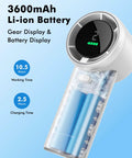 Portable Handheld Turbo Fan With USB Rechargeable Battery, battery and display close-up showing 10.5 hours working time, white
