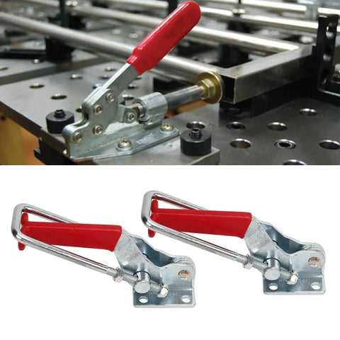 Heavy Duty U Toggle Clamps 2 Pack, 2000 Lb Capacity, Self Locking Zinc Plated, used on metal jig fixtures for secure fastening.