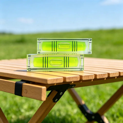 2 Pack Magnetic Mini Bubble Level Tool 2 Inch, Small Pocket on wooden table outdoors with green grass background.