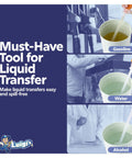 Luigi's siphon pump product image showing gas, water, and alcohol transfer visuals on blue background with Luigi's logo
