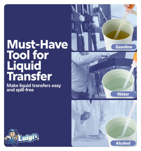 Luigi's siphon pump product image showing gas, water, and alcohol transfer visuals on blue background with Luigi's logo