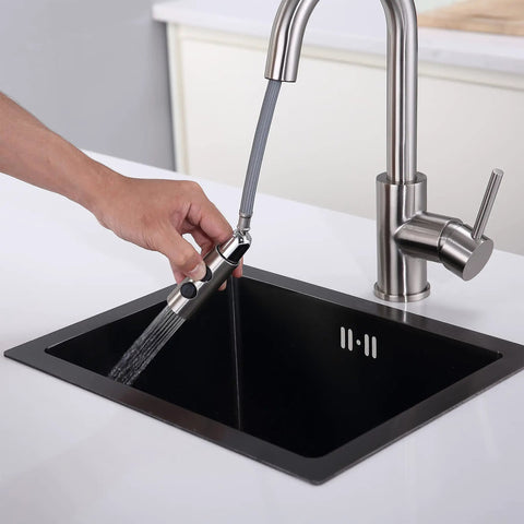 Bar Sink Faucet With Pull Out Sprayer For Single Hole Mount One Handle Stainless Steel Brushed Nickel Modern Small Kitchen Faucet No Sweat Install Lead Free Durable Cartridge And CUPC Supply Hose in use.