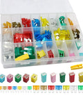 Top Tier Heavy Duty Automotive Fuses Assortment Kit 250 Pieces in organized clear storage with various fuse colors.