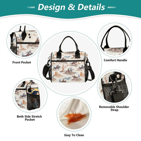 Design details of Desert Cowboys Insulated Lunch Bag With Adjustable Shoulder Strap, Vintage Horses print, front pocket, easy to clean
