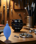 Blue Rubber Soft Cleaning Tool For Wristwatch Parts On The Go, Dust Air Blower Pump on a workshop table with watch components