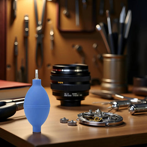 Blue Rubber Soft Cleaning Tool For Wristwatch Parts On The Go, Dust Air Blower Pump on a workshop table with watch components