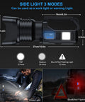 Rechargeable Spotlight 900,000 Lumens Handheld LED Flashlight With COB Light And Tripod showing side light modes and dimensions.