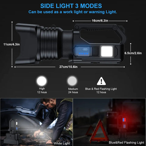 Rechargeable Spotlight 900,000 Lumens Handheld LED Flashlight With COB Light And Tripod showing side light modes and dimensions.