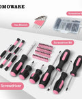 218 Piece Pink Home Tool Kit Set With Bag For DIY Home Maintenance And Everyday Repairs Includes screwdrivers and hex wrenches.