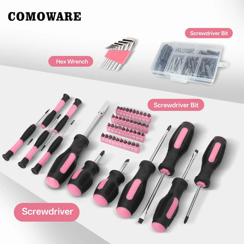 218 Piece Pink Home Tool Kit Set With Bag For DIY Home Maintenance And Everyday Repairs Includes screwdrivers and hex wrenches.