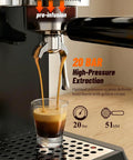 Straight Up Home Cafe Essential With Fully Integrated Bean Grinder And Heavy Duty 20 Bar Italian Pump For Perfect Latte Cappuccino And Quick Cold Brew Refills Daily, espresso extraction with golden crema in glass.