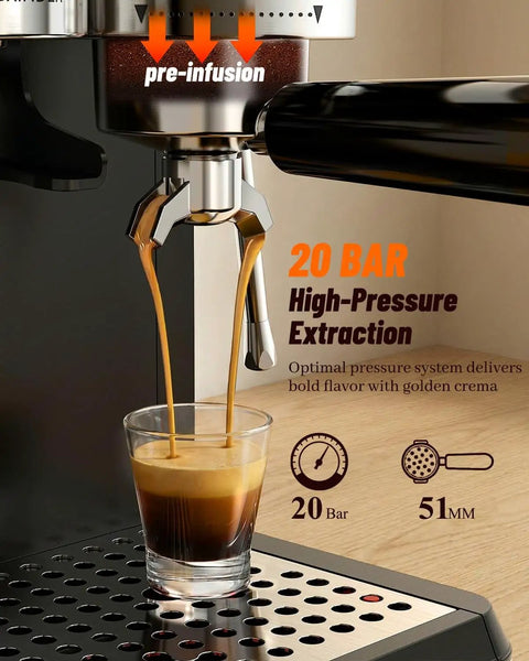 Straight Up Home Cafe Essential With Fully Integrated Bean Grinder And Heavy Duty 20 Bar Italian Pump For Perfect Latte Cappuccino And Quick Cold Brew Refills Daily, espresso extraction with golden crema in glass.