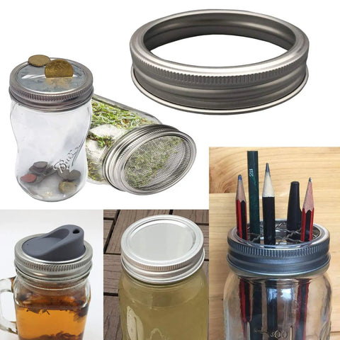 Food Safe Aluminum Mason Jar Rings 12 Pack Regular Mouth Silver Metal Bands BPA Free Rust Resistant For Canning Jars Ball And Other Regular Mouth Jars, shown on mason jars