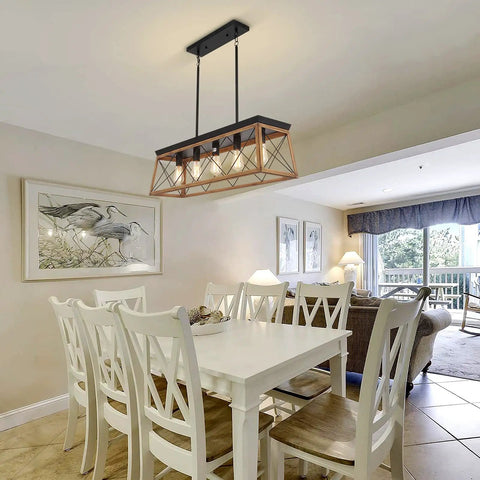Farmhouse 5 Light Chandelier For Dining Room And Kitchen Island Rustic Pendant Light Fixtures In Matte Black With Wood Finish