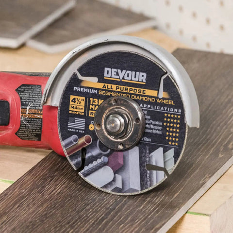 4.5 Inch Diamond All Purpose Blade For Grinders And Small Saws Heavy Duty Ultra Durable Long Lasting Cut Through Metal Concrete Tile Granite Fiber Cement Laminate PVC Made In USA on a grinder