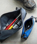 Open 14 inch gray and 7 inch blue bags, filled with tools, Stand Up Zipper Tool Bags Set With Carabiners, with reinforced bottoms