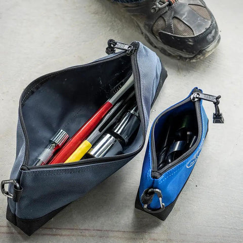 Open 14 inch gray and 7 inch blue bags, filled with tools, Stand Up Zipper Tool Bags Set With Carabiners, with reinforced bottoms